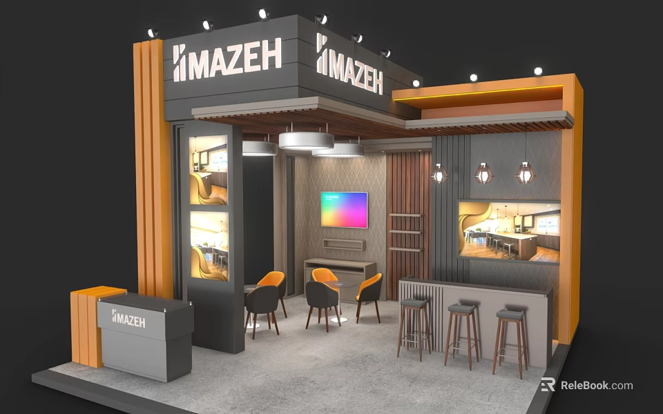 MAZEH Modern Exhibition Booth Design With Open Layout Orange Chairs And Display Screen 3d model 