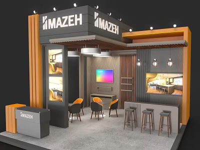 MAZEH Modern Exhibition Booth Design With Open Layout Orange Chairs And Display Screen 3d model