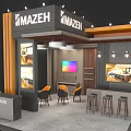 MAZEH Modern Exhibition Booth Design With Open Layout Orange Chairs And Display Screen