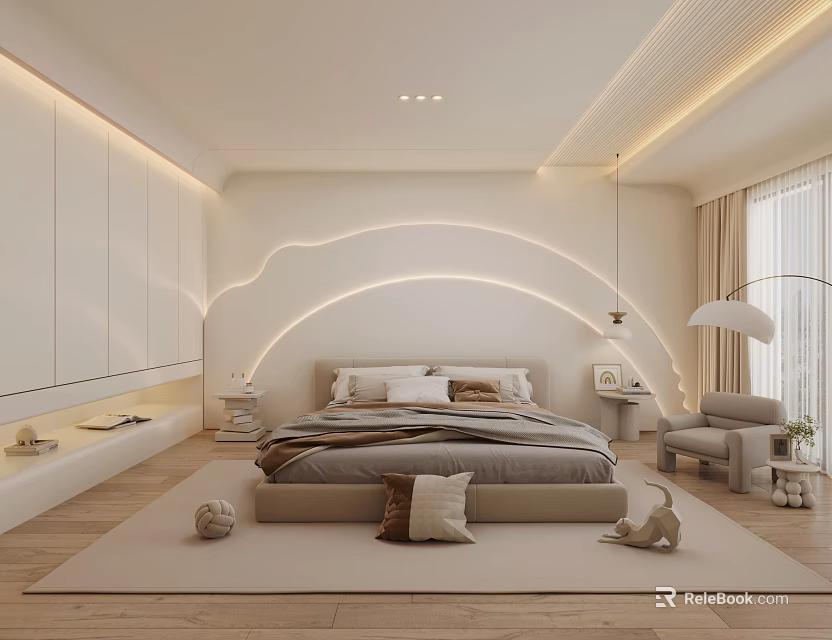 Minimalist Modern Bedroom Interior Design With Curved Lighting Bed White Wardrobe Sofa And Carpet 3d model 