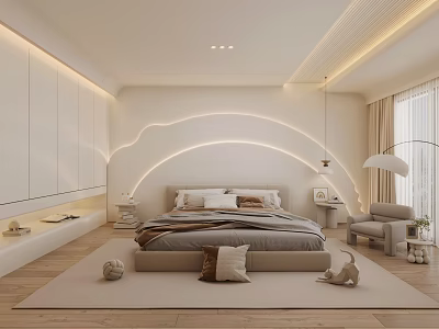 Minimalist Modern Bedroom Interior Design With Curved Lighting Bed White Wardrobe Sofa And Carpet 3d model