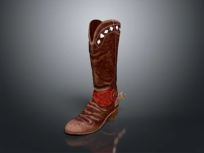 Stylish Brown Tall Leather Boots With White Decorative Top And Red Heel Pendant 3d model