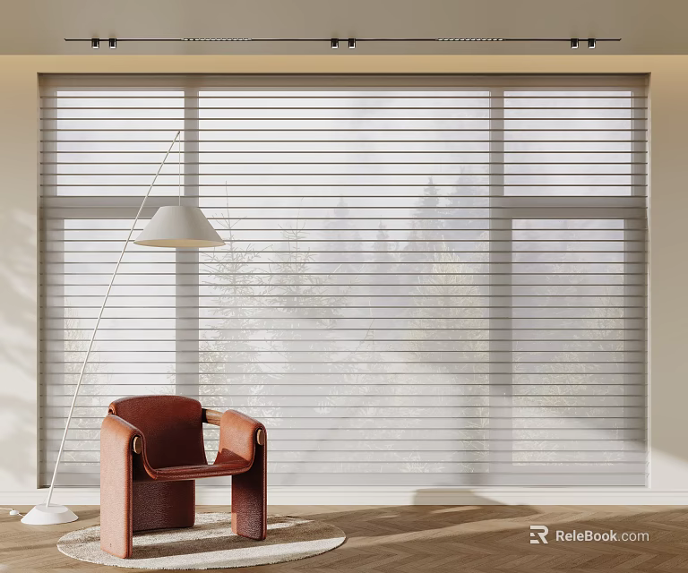 Bright Interior With Venetian Blinds Window Brown Chair And Floor Lamp 3d model 