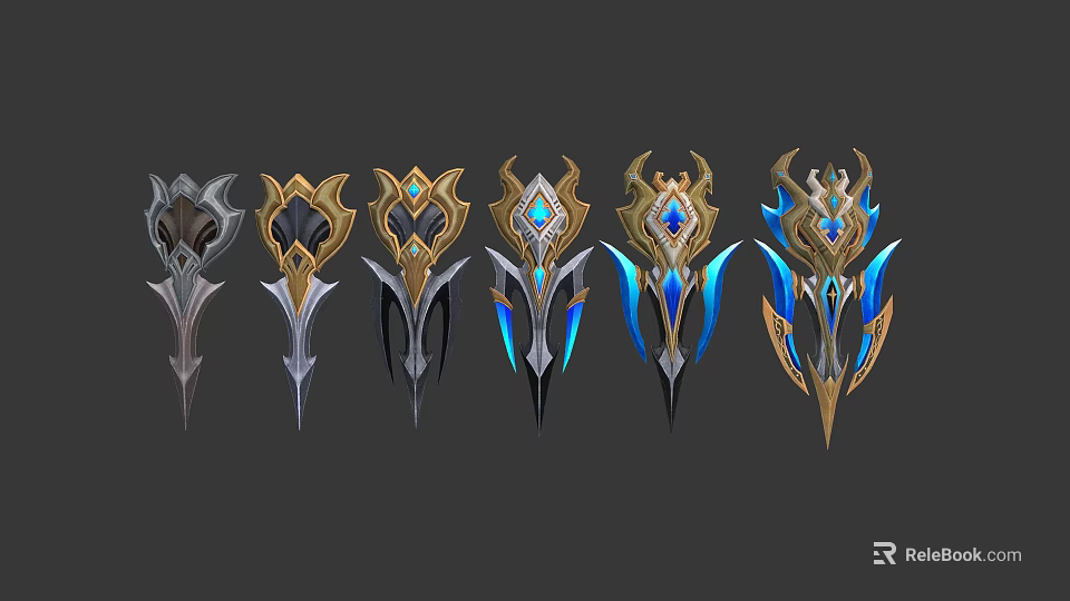 Ornate Fantasy Weapons With Various Designs Gemstone Accents And Intricate Patterns 3d model 