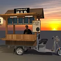 Wooden Mobile Food Cart With Cafe Bamboo Sign Selling Roasted Chestnuts At Sunset