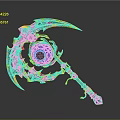 Ornate Scythe Weapon With Blue Glowing Orb And Red Wrapped Handle