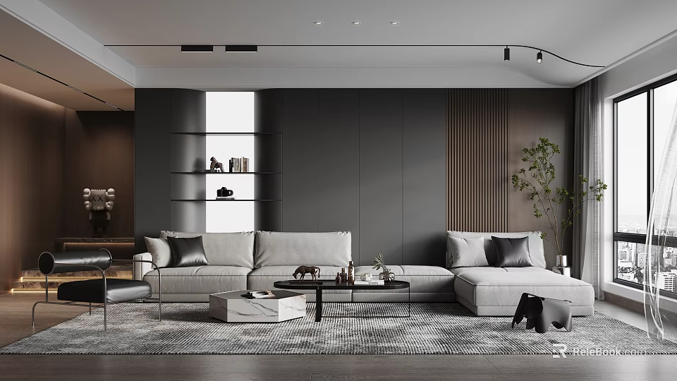 Modern Living Room Interior With Gray Sofa Open Bookshelf Green Plant Coffee Table And Rug 3d model 