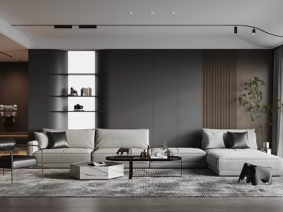 Modern Living Room Interior With Gray Sofa Open Bookshelf Green Plant Coffee Table And Rug 3d model