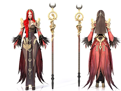 Fantasy Game Character With Red Hair Black Red Robe Wing Decorations And Moon Snake Staff 3d model
