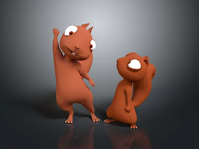 Two Cute Brown Squirrel Characters 3D Rendered Standing Waving and Sitting with Big Round Eyes 3d model