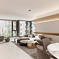 Modern Living and Dining Room Interior With Marble Dining Table Sofa Set And Large Windows
