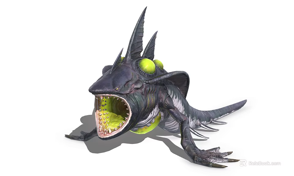 Game Movie Monster Character With Spiked Back Green Glowing Eyes Sharp Teeth And Reptilian Body 3d model 