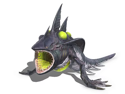 Game Movie Monster Character With Spiked Back Green Glowing Eyes Sharp Teeth And Reptilian Body 3d model
