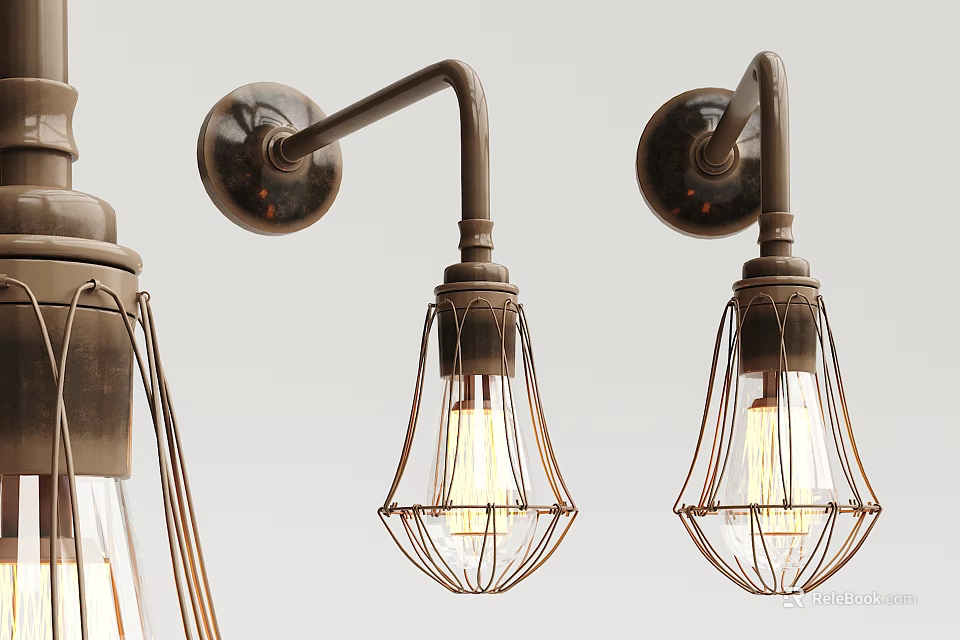 Vintage Industrial Wall Sconces with Curved Metal Arms and Wire Cages 3d model 