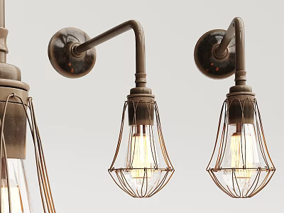 Vintage Industrial Wall Sconces with Curved Metal Arms and Wire Cages 3d model