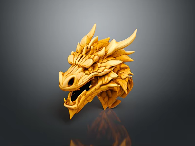Intricately Carved Wooden Dragon Head Sculpture With Sharp Horns And Open Mouth 3d model