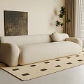 Beige Upholstered Sectional Sofa With Rounded Arms Accent Pillow Patterned Rug And Wall Art