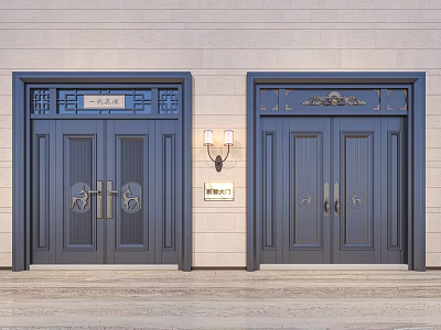 Elegant Dark Blue Main Entrance Doors With Carved Patterns Wall Lamps And Signboard 3d model