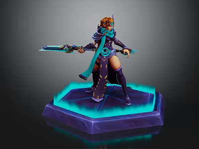 Orange Haired Game Character In Purple Blue Outfit Holding Dual Swords On Glowing Hexagonal Base 3d model