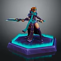 Orange Haired Game Character In Purple Blue Outfit Holding Dual Swords On Glowing Hexagonal Base