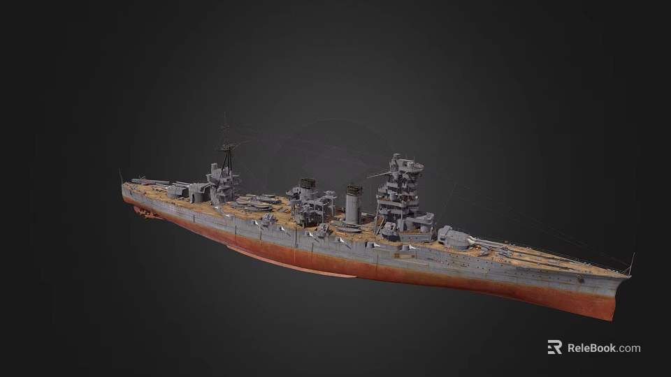 Detailed Rusty Warship With Multiple Turrets Deck Orange Gray Hull Long Military Structure View 3d model