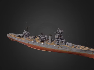 Detailed Rusty Warship With Multiple Turrets Deck Orange Gray Hull Long Military Structure View 3d model