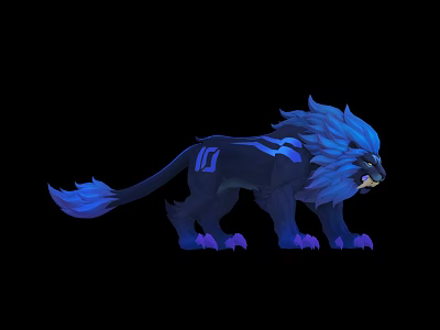 Blue Mane Lion Creature With Dark Body Purple Claws And Blue Patterns 3d model
