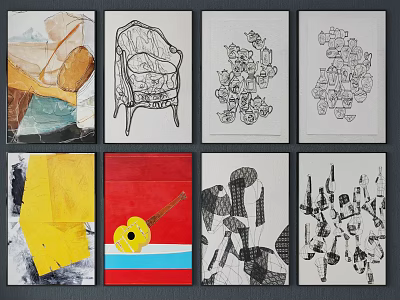 Abstract Paintings Collection Featuring Diverse Geometric Shapes Color Blocks And Line Art 3d model