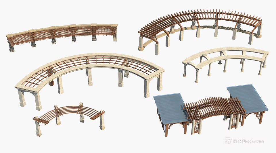 Various Wooden Pergola Designs With Arched Structures And Support Columns 3d model