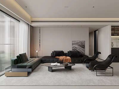 Modern Living Room Interior Design With Large Windows Green Sofa And Round Coffee Table 3d model