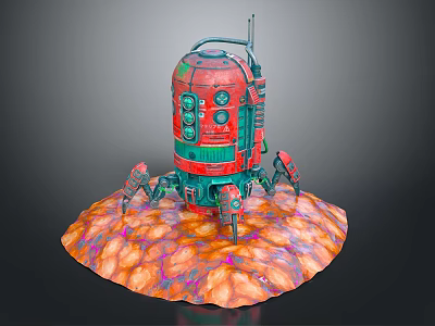 Red Green Mechanical Creature Character Standing On Orange Pink Organic Platform 3d model