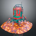 Red Green Mechanical Creature Character Standing On Orange Pink Organic Platform