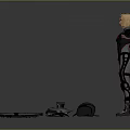 3D Rendering Of Two Human Characters In Armored Tech Suits With Scattered Gear