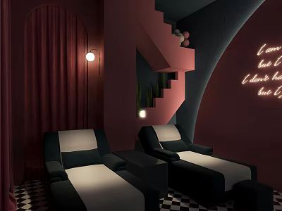 SPA Sauna Interior with Pink Walls Red Curtains Arched Doorway and Black White Lounge Chairs 3d model