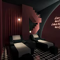 SPA Sauna Interior with Pink Walls Red Curtains Arched Doorway and Black White Lounge Chairs