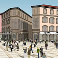 Modern Commercial Street With Surrounding Buildings And Pedestrian Public Square
