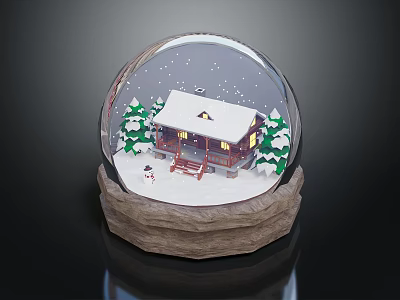 Decorative Snow Globe With Miniature Cabin Pine Trees And Snowman On Stone Base 3d model