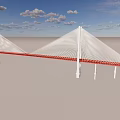 Modern Cable Stayed Bridge With White Towers Red Deck And Blue Sky 3d model