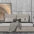 Modern Double Bed With Gray Headboard Pillows Blanket Wall Art And Pendant Lights