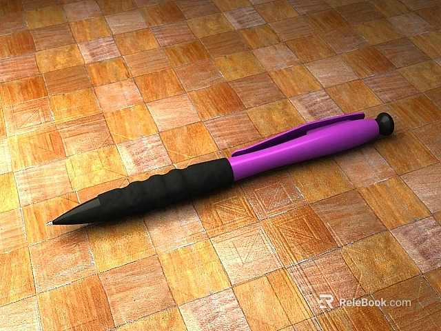Purple and Black Pen With Textured Black Grip Lying On Wooden Floor 3d model 