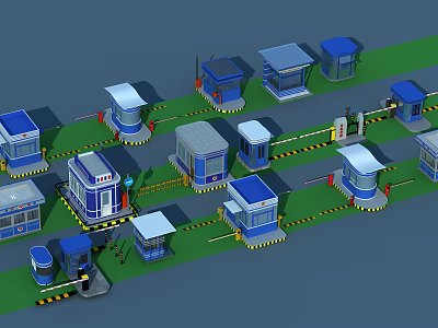 Industrial Park Layout With Blue Gray Buildings Guard Booths And Roads 3d model