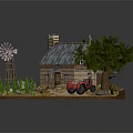 Miniature Log Cabin Farm Model With Blue Roof Chimney Tree Windmill Red Tractor And Pigs