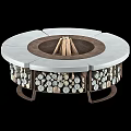 Round Outdoor Fire Pit With Gray Stone Top And Decorative Wood Log Storage