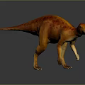 Orange Red Dinosaur 3D Model With Spotted Skin Standing On Reflective Surface Against Gray Background