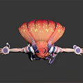 Anime Character with Red Long Hair Blue Accessories Pink Leg Patterns and Arms Outstretched
