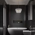 Hotel Bathroom With Dark Walls White Bathtub Crystal Chandelier And Blinds