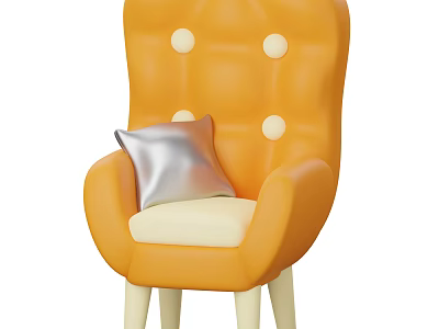Stylish Orange Accent Chair with Button Tufted Back Cream Seat and Silver Pillow 3d model