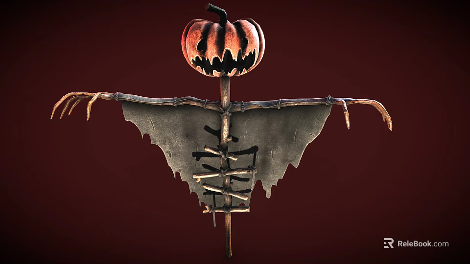 Spooky Halloween Scarecrow Decoration With Pumpkin Head Skeleton Body And Tattered Clothing 3d model 