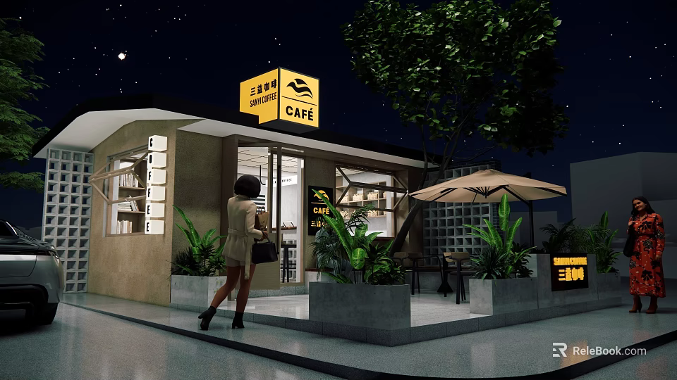 Cozy Cafe Exterior At Night With Yellow Sign Green Plants And Outdoor Seating 3d model 