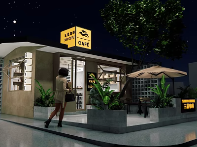 Cozy Cafe Exterior At Night With Yellow Sign Green Plants And Outdoor Seating 3d model